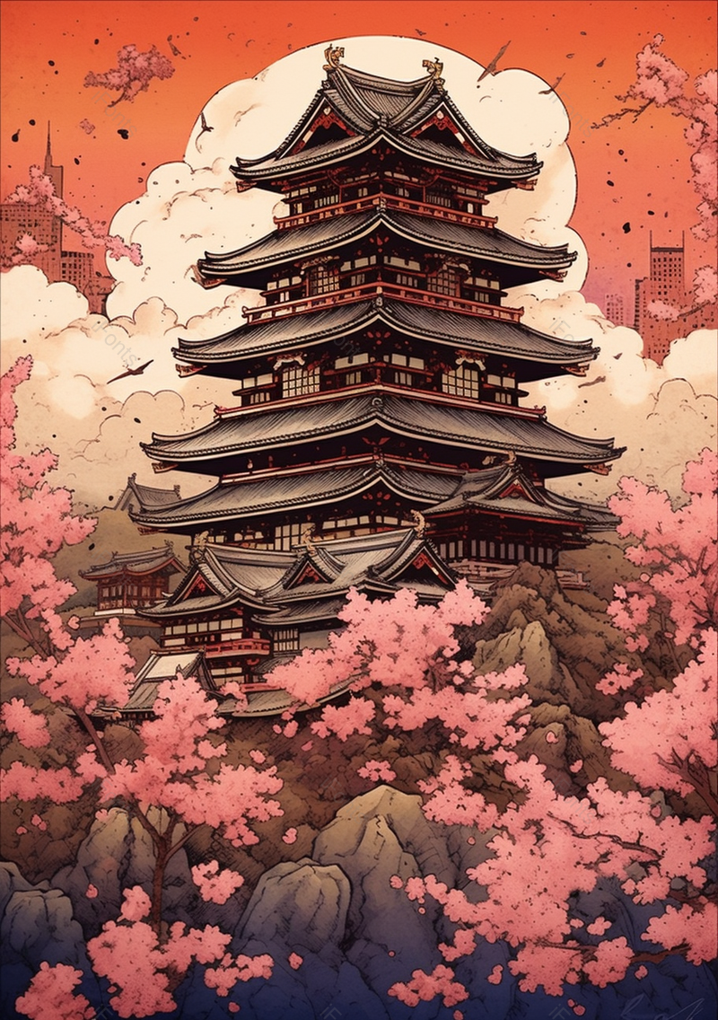 山间楼台与桃花作伴古典复古中国风国潮楼阁阁楼插画,插画/手绘图,插画/手绘图库,插画/手绘图下载,插画/手绘